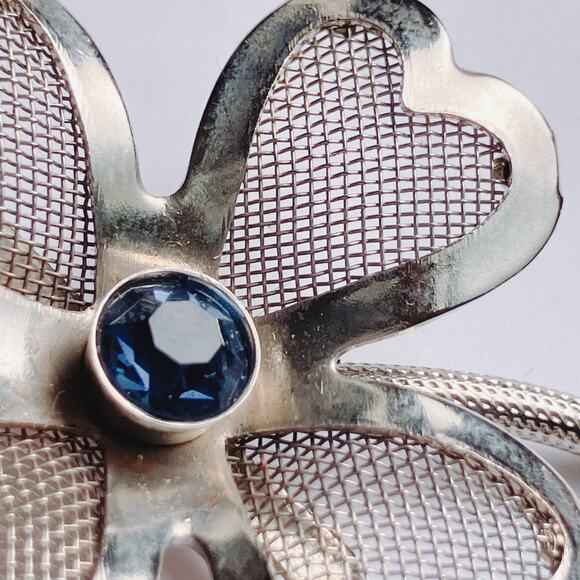 VTG Mid Century Brooch Mesh Clover Blue Rhinestone Silver Tone Pin - Picture 4 of 9